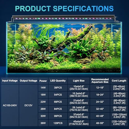AQQA LED Aquarium Light for Plants, 24/7 Mode Full Spectrum Fish Tank Light with 3 Light Modes, Adjustable Timer/Brightness, Memory Function, Extendable Brackets for Freshwater for 40-48 Inch Tank 30W - size: For 40''-48'' Fish Tank