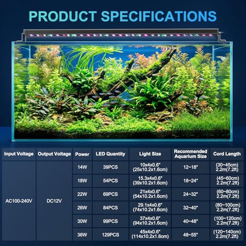 AQQA LED Aquarium Light for Plants, 24/7 Mode Full Spectrum Fish Tank Light with 3 Light Modes, Adjustable Timer/Brightness, Memory Function, Extendable Brackets for Freshwater for 18-24 Inch Tank 18W - size: For 18''-24'' Fish Tank