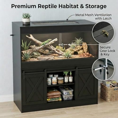 Cushore Double 4x2x2 Reptile Enclosure with Stand, Solid Wood 120 Gallon Reptile Terrarium, Bearded Dragon Tank Stand with Sliding Door and 2 Cabinets for Snake, Lizard, Crested Gecko, Black