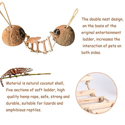 Gecko Coco Den Reptile Hideouts, Raw Coconut Husk Hut for Leopard Gecko, Sturdy Hanging Home, Climbing Porch, Hiding, Sleeping & Breeding Pad