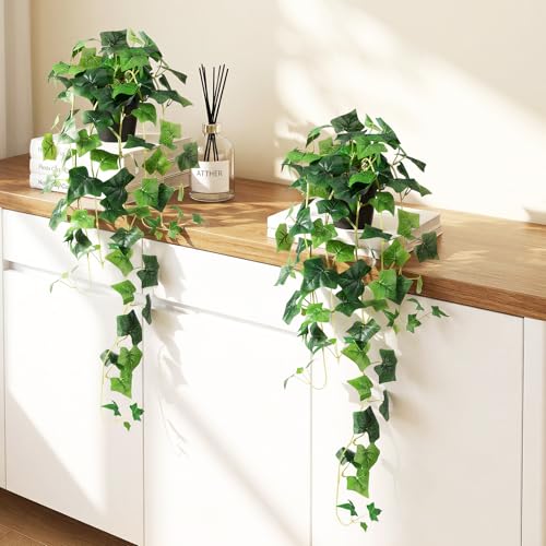 Fake English Ivy Plants in Pots - 2Pc Artificial Hanging Plants Indoor, Faux Silk Plant for Home Decor Outdoor, Fake Pothos Potted Greenery for Shelf Tabletop Room, Green 33In - color: Green