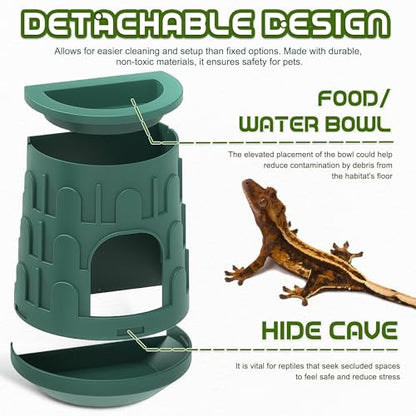 Wall Mount Reptile Hide Cave with Food Bowl for Terrarium Habitat Setup, Cute Hide with Treats Bowl, Essential and Safe Hideout for Gecko, Spider, Lizard, Hamster, Crab - color: Green
