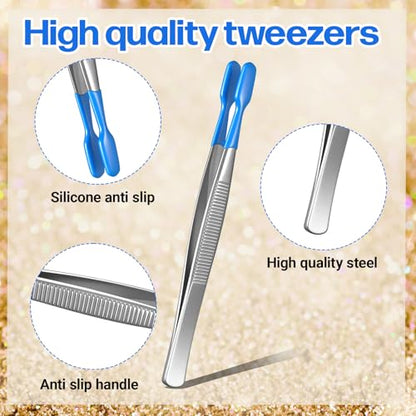 3PCS Rubber Tipped Tweezers, Blue Silicone Craft Tweezers Kit for Jewelry-Making Sticker Stamps, Metal Precision Tweezers for Crafting & Stamp Collecting Supplies