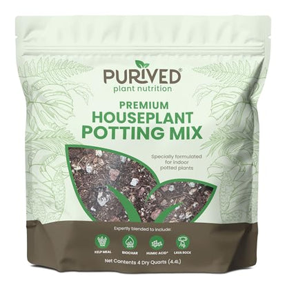 Purived Premium Houseplant Potting Mix | 4 Quarts | Ideal Soil Drainage & Moisture Retention for Indoor Potted Plants | with Kelp, Biochar, Lava Rock & Humic Acid | Made in USA