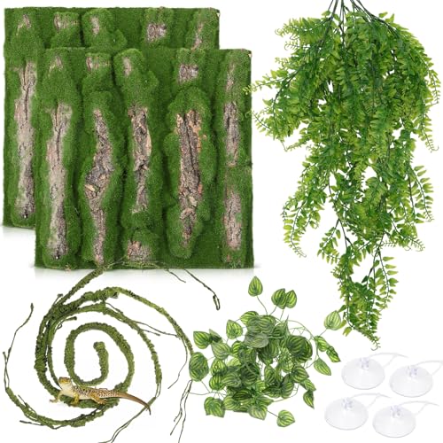 Suncalla Reptile Plants for Terrarium Bearded Dragon Includes Moss Bark Hanging Plant Vines Artificial Leaves Flexible Vines Jungle Climbing Branch for Leopard Gecko Tank Decor