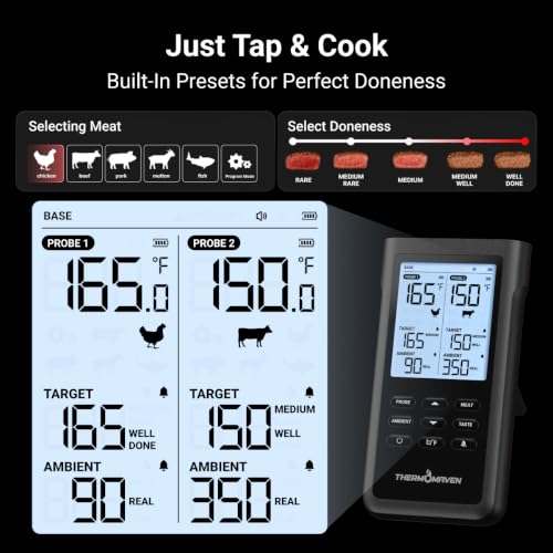ThermoMaven Sub-1G Wireless Meat Thermometer, No App Needed, 2 Probes | 3000FT Long Range, Digital Smart Base, 6 Sensor NIST Accuracy, IPX8, BBQ Smoker Grill Oven Brisket Steak Turkey Pork Roast - color: Black