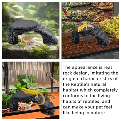 Reptile Basking Platform, Turtle Basking Platform Leopard Gecko Tank Accessories Reptile Hide with Rock Plate for Lizard, Crested Gecko (Medium-Grey) - style: style 1