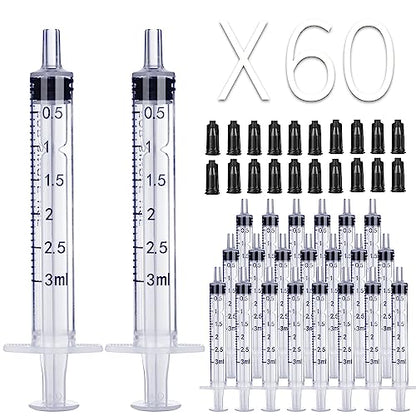 3ml Syringe Without Needle - 3 ml Small Plastic Syringes Sterile Individually Packed with Cap for Lab Medicine Student Measuring Liquid and Pet Dog Cat Baby Feeding Oral Colostrum ( 60 Pack 3cc /ml )