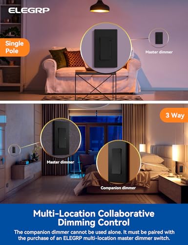 ELEGRP LEDPro™ Multi-Location Dimmer, EDM25BMC Master and Companion Dimmer Light Switch for LED, Single Pole/3 Way, 1 Pack, Matte Black - color: Matte Black, size: Master & Companion
