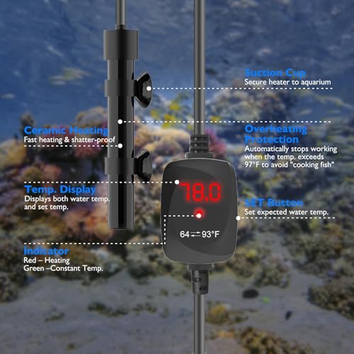 Mini Aquarium Heater 15W Super Small Fish Tank Heater with Digital Display Thermostat, Alumina Ceramic Betta Tank Heater Turtle Heater for 1-3 Gallon Tanks - size: For Aquariums ≤ 3 Gal