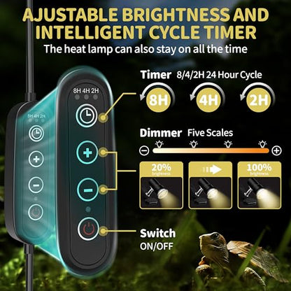 GOZILLA Reptile Heat Lamp, Turtle Lamp with 360°Rotatable Timing & Dimming Cycle Timer, 25W+50W UVA/UVB Reptile Light Bulbs for Reptile and Amphibian Tanks, Terrariums and Cages.(Black) - color: Timer Dimmer-Black