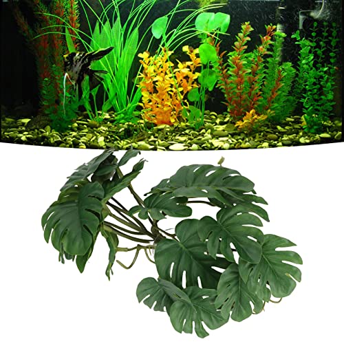 TITA-DONG Turtle Leaf Rattan, Fish Tank Accessories Green Plants, Reptile Hide Decor with Suction Cup, Rainforest Ground Plant Fish Tank Aquarium Monstera Terrarium Decor for Reptile Terrarium