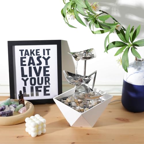 Tabletop Water Fountain Indoor - Handcrafted 3-Tier Waterfall 304 Metal | Easy "+" "-" On/Off Switch, Quiet Pump, Zen Relaxation for Office, Living Room, or Bedroom, Durable Desktop Fountain - color: White