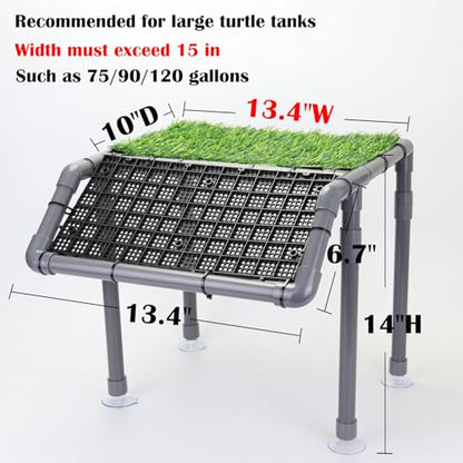 Extra Large Turtle Basking Platform, Sturdy Standing Dock with Non-Slip Ramp & Artificial Grass, Turtle Tank Accessories, Fits 50/65/75/90/125 Gal Tanks, Gray/Black - size: Basking Platform 13.4" W × 10" D