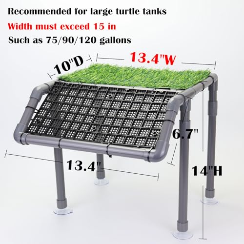 Extra Large Turtle Basking Platform, Sturdy Standing Dock with Non-Slip Ramp & Artificial Grass, Turtle Tank Accessories, Fits 50/65/75/90/125 Gal Tanks, Gray/Black - size: Basking Platform 13.4" W × 10" D