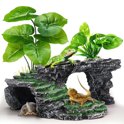 GOZILLA Turtle Basking Platform Kit, Reptile Habitat Hideout, Decorative Resin for Aquarium & Terrarium, Including Artificial Plant*2.(Black-M-Kit)