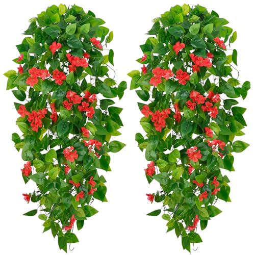BLEUM CADE Artificial Hanging Flowers for Outdoors, 2pcs Fake Hanging Plants Pothos Vines with Red Flowers for Wall Home Living Room Indoor Outdoor Decor (No Baskets) - color: Vines With Flowers - Red, size: 2pcs