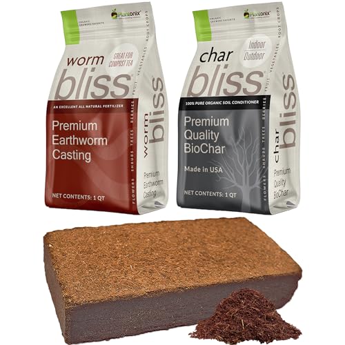 Worm Bliss (1 Qt) + Coco Coir Brick (650gms) + Char Bliss (1 Qt) - Organic Coco Coir for Plants - Worm Castings & Biochar for Plants - Organic Fertilizer & Soil Amendment Bundle - Potting Soil Mix - color: Coco Coir Bundle