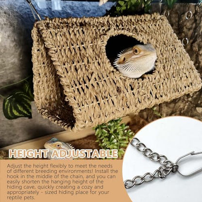 Reptile Hide Cave,Hanging Seagrass Fiber Bearded Dragon Hammock Swing Climbing Toys with Plants Decor,Gecko Hideout Hollow Cave Tank Accessories for Lizard Snake-Triangle L - size: Triangle L:9.84*7.09*5.91"