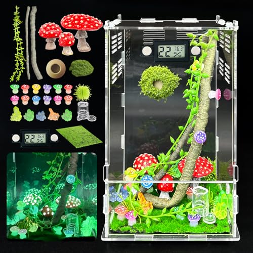 Jumping Spider Enclosure,DIY Insects Habitat,Small Reptile Terrarium Glass House Accessories Set,with Temperature and Humidity Detector Water Feeder Platform Hide,5.5“x5.5”x9.5“ (Luminous Mushrooms) - color: Luminous mushrooms