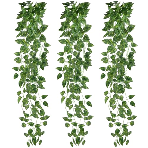 3 Pcs Fake Hanging Plants Vines Artificial Pothos Faux Ivy Greenery Ideal for Wall Shelf Home Bedroom Living Room Office Patio Garden Indoor Outdoor Decor - size: 3