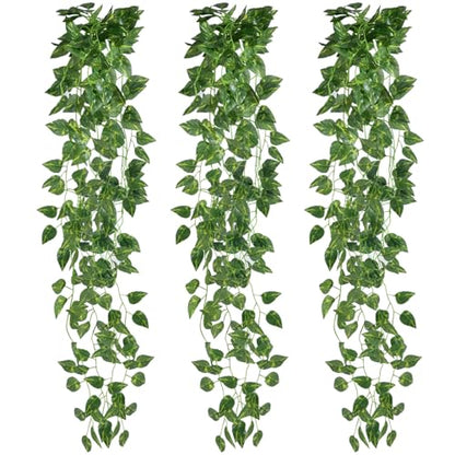 3 Pcs Fake Hanging Plants Vines Artificial Pothos Faux Ivy Greenery Ideal for Wall Shelf Home Bedroom Living Room Office Patio Garden Indoor Outdoor Decor - size: 3