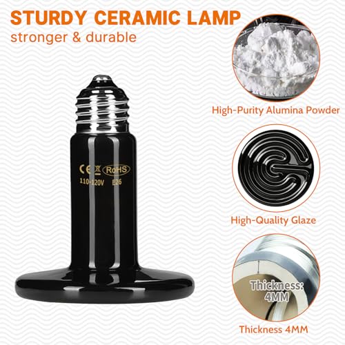 75W Ceramic Heat Emitter - No Light Reptile Heat Lamp for Lizards, Amphibians, Chickens, Dogs, Cats - Ideal for Aquariums and Pet Brooder Coop Heating - Black - size: 75 Watts