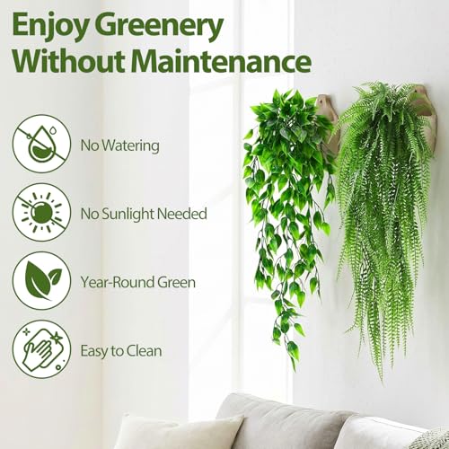 Daifunli 12 Pcs Artificial Hanging Plants Fake Hanging Ferns Plastic Fake Plant for Wall Room Garden Garland Indoor Outdoor Decor No Basket (Eucalyptu,Mandala,Boston,String of Pearl,Podocarpu,Pothos) - style: Eucalyptu,Mandala,Boston, String of Pearl, Pod