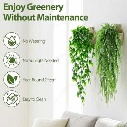 Daifunli 12 Pcs Artificial Hanging Plants Fake Hanging Ferns Plastic Fake Plant for Wall Room Garden Garland Indoor Outdoor Decor No Basket (Eucalyptu,Mandala,Boston,String of Pearl,Podocarpu,Pothos) - style: Eucalyptu,Mandala,Boston, String of Pearl, Pod