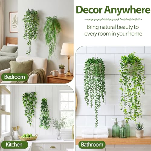 Daifunli 12 Pcs Artificial Hanging Plants Fake Hanging Ferns Plastic Fake Plant for Wall Room Garden Garland Indoor Outdoor Decor No Basket (Eucalyptu,Mandala,Boston,String of Pearl,Podocarpu,Pothos) - style: Eucalyptu,Mandala,Boston, String of Pearl, Pod