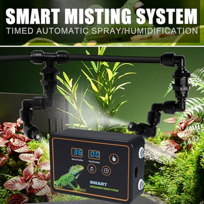 Reptile Smart Misting System Intelligent Spray System 2pcs Spray Nozzles 360 ° Adjustment Hook or Suction Cup Install Timed Spray for Tank Lizard, Chameleon, Snake, Turtle, Frog, Plant
