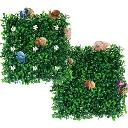 2pcs Hermit Crab Climbing Toys, 10x10 Inch Faux Grass Mat Reptile Plants Artificial Boxwood Panels Reptile Tank Accessories for Bearded Dragon Lizard Terrarium Decor (Green)