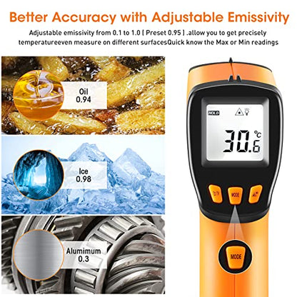 Infrared Thermometer Gun -58°F to 788°F, Laser Temperature Gun with Adjustable Emissivity, Non Contact Laser Thermometer for Cooking/BBQ/Pizza Oven/Grill & Engine - Heat Temperature Gun - color: -58°F~788°F