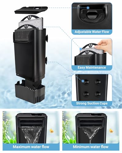 GOZILLA 148GPH Turtle Tank Filter 8W Adjustable Water Flow, Aquarium Filter for Low Water Level Tank, Turtle Filter Quiet Waterfall Fish Tank Filter for 10-30 GAL. (Black)