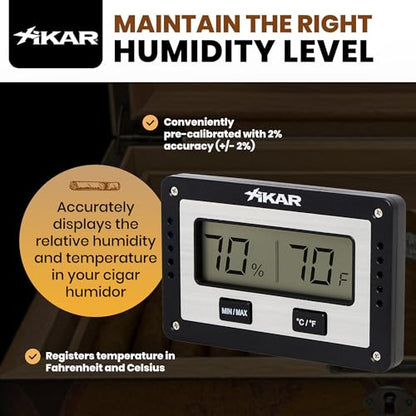 XIKAR PuroTemp Rectangular Digital Hygrometer – Digital Thermometer with Humidity Sensor – Temp and Humidity Monitor for Humidor, Easy to Calibrate, Fast Refresh Readings, Lightweight – Black