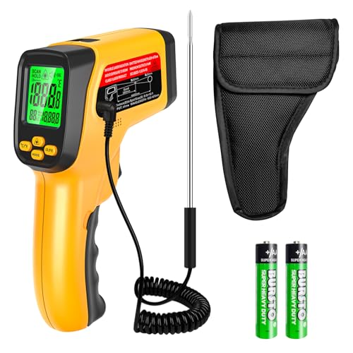 Infrared Thermometer Gun, Dual-Mode with Non-Contact IR & K-Type Thermocouple Probe Meature, -58°F to 1472°F High Accuracy Laser Temperature Gun with Emissivity, Humidity, for Cooking, Industrial Use - color: Yellow