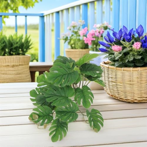 POPETPOP Artificial Hanging Plant for Reptile Terrarium Decor 10.62In Lifelike Leaf Pendant with Suction Cups for Gecko Lizard Amphibian Habitat and Hideout