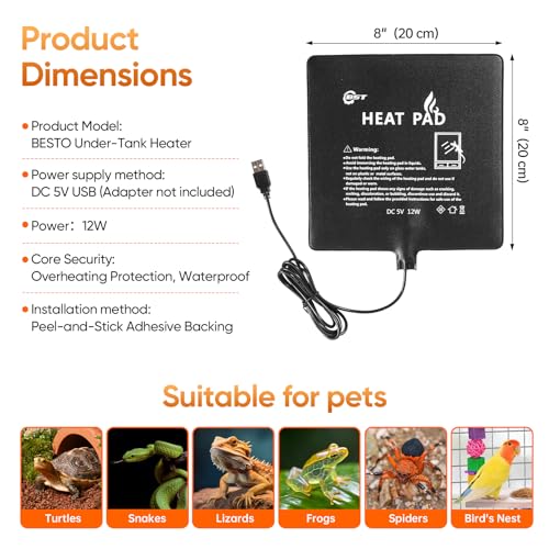 Waterproof Heating pad Plant Heating pad 8.0x8.0 Inch 12W Under Tank Terrarium Heating Mat, Reptile Heat Pad, Reptile Heating Pad for Turtle, Lizard, Hermit Crab, Frog, Snake ﻿﻿