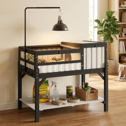 Modern Black & White Tortoise Habitat with Privacy Hide Panel, 2-Zone Wooden Reptile Enclosure with Adjustable Lamp Stand, Storage Shelf, Acrylic Viewing Window for Tortoises, Geckos & Small Reptiles