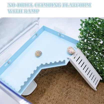 No-Drill Climbing Platform with Ramp, Hermit Crab Climbing Wall & Hideout, Multi-Level Platform with Ladder, No-Tools Mounting for Geckos, Small Lizards, Hamsters - color: Blue