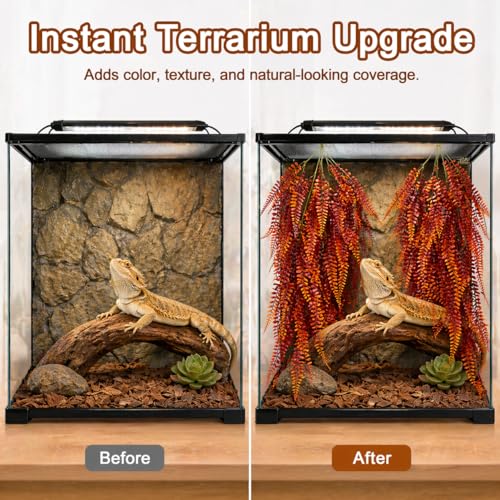 RAINFLOW 2PCS Reptile Plants for Terrarium - 33.5in Artificial Boston Fern Fake Vines, Fake Terrarium Plant for Leopard Gecko Lizard Snake Chameleon Bearded Dragon Tank Accessories(Red)
