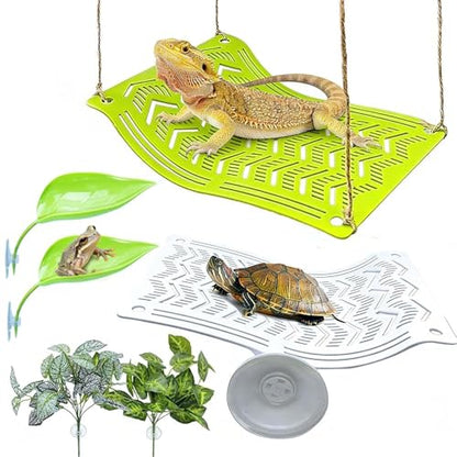 2PCS Reptile Hammock & Basking Platform with Suction Cups,Turtle Dock,Reptile Hammocks Climbing Lounger Leaf Decor Tank Accessories for Lizards Frog Gecko Snakes Amphibian