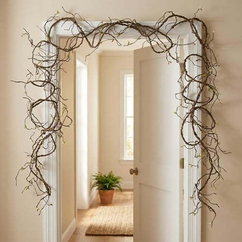 9FT Artificial Vine for Mantel Decor, Bendable Fake Tree Branches & Reptile Vines, Real Touch Faux Twigs with Green Buds for Spring Décor