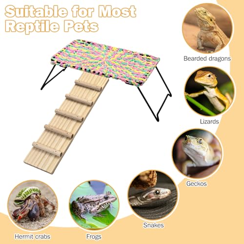 Bearded Dragon Hammock with Ladder, Foldable Reptile Bed with Metal Legs, Cotton-Woven Reptile Basking Platform, Lizard Climbing Accessories for Leopard Gecko, Snakes, Frogs, Hermit Crabs