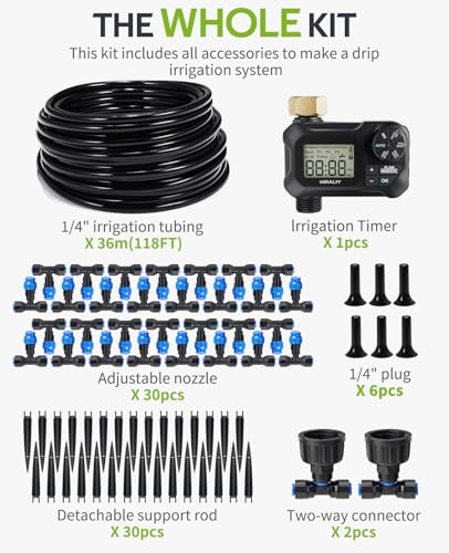 HIRALIY 118FT Drip Irrigation Kit with Water Timer, Quick-Connect Garden Watering System with 30 Adjustable Misting Nozzles, 1/4 in Tubing for Greenhouse, Raised Beds & Hanging Plants - size: 118 feet