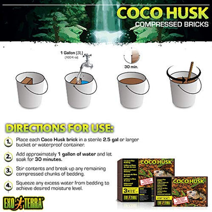 Exo Terra Coco Husk Brick,8 QT (8.8 L) – Natural Coconut Fiber Terrarium Substrate for Reptiles,Amphibians & Tropical Enclosures,(Pack of 3) - size: 8-Quart (Pack of 3)