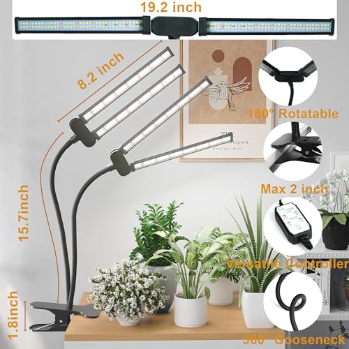 LED Grow Light,Super Bright 6000K White Full Spectrum Clip Plant Growing Lamp with Rotatable Dual Head for Indoor Desk Plants,Dimmable & Timer 4/8/12H,High Power Output for Faster Growth,2-Head - size: 2 Tube
