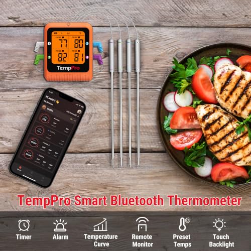 TempPro 650 ft Bluetooth Meat Thermometer with 4 Color-Coded Probes, Wireless Meat Thermometer Digital Wireless with Timer, Utensils Rechargeable for Smoker Oven, Cooking Gift for Dad Him Husband - style: 4 Probes