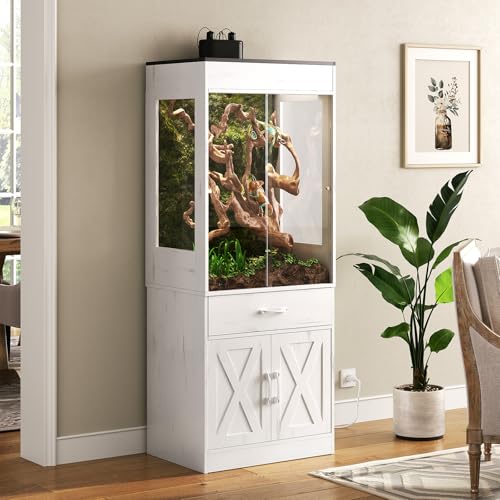 67 Gallon Reptile Tank with Stand Reptile Enclosure with Power Outlet for Bearded Dragons Lizards Snakes Gecko Sliding Acrylic Doors & Mesh Top Terrarium for Living Room Corridor White - color: Vintage White