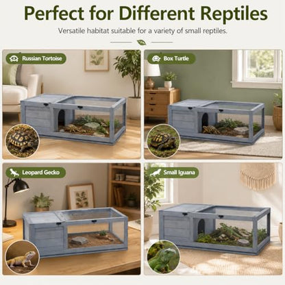 Wooden Tortoise Enclosure with Hideaway, Mesh Top and Clear Panels, Gray, 35.75" x 23.75" x 12.5", Indoor & Outdoor
